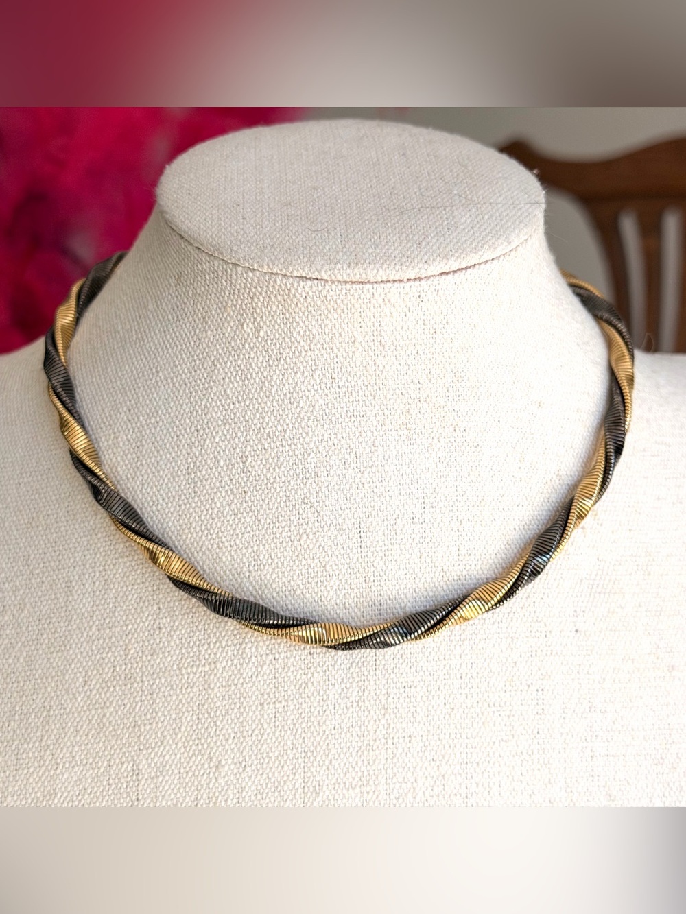 Vintage Monet Gunmetal Gray Gold Tone Twisted Metal Choker Necklace 15”